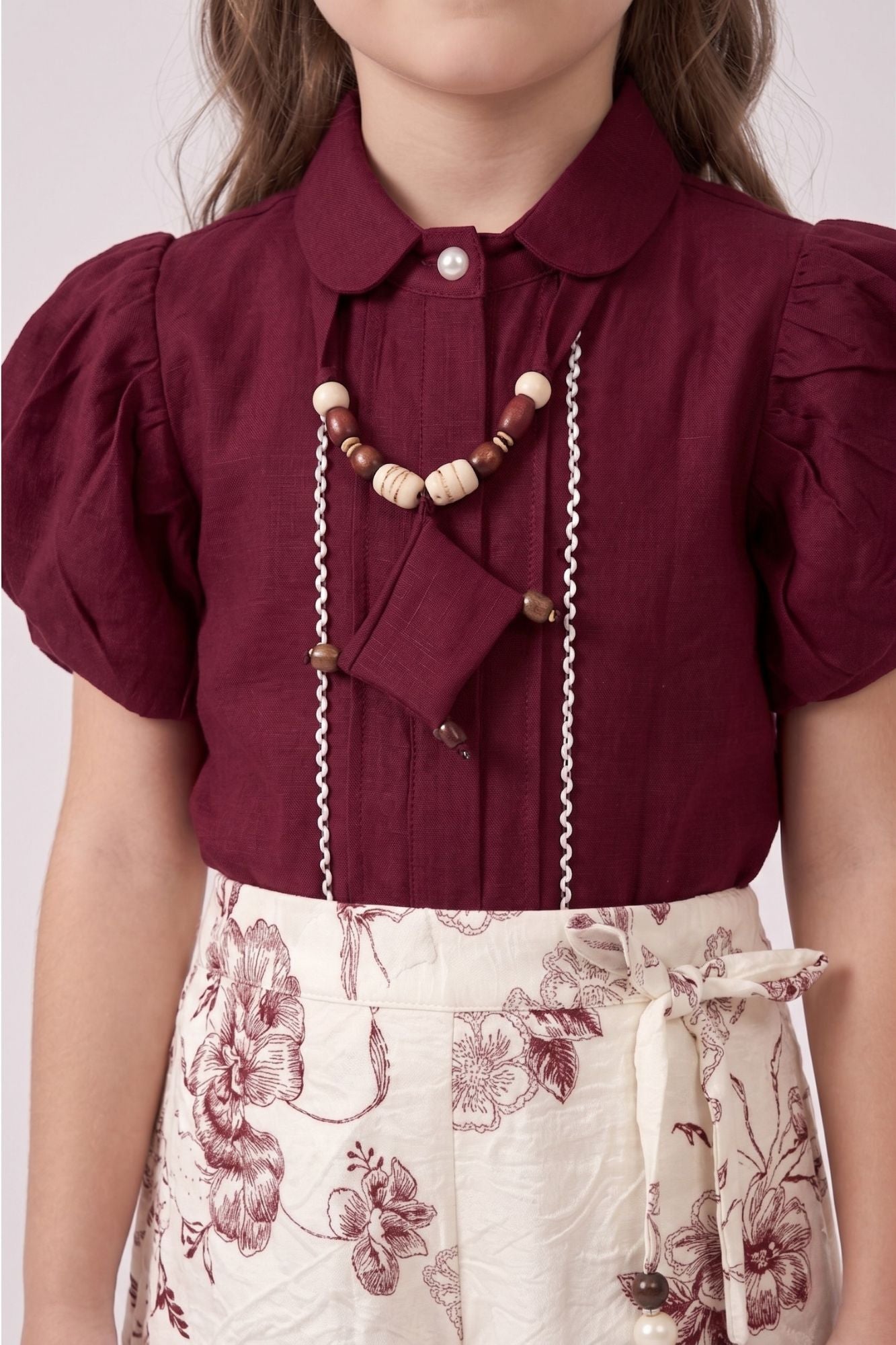 Girls Wine Puff Sleeve Top with Printed Palazzo Pants