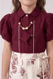 Girls Wine Puff Sleeve Top with Printed Palazzo Pants