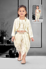 Stylish Cream Printed Dhoti Set With Over Coat For Girls