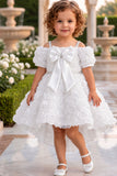 Girls White 3D Floral Net High-Low Party Frock With Statement Bow