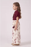 Girls Wine Puff Sleeve Top with Printed Palazzo Pants