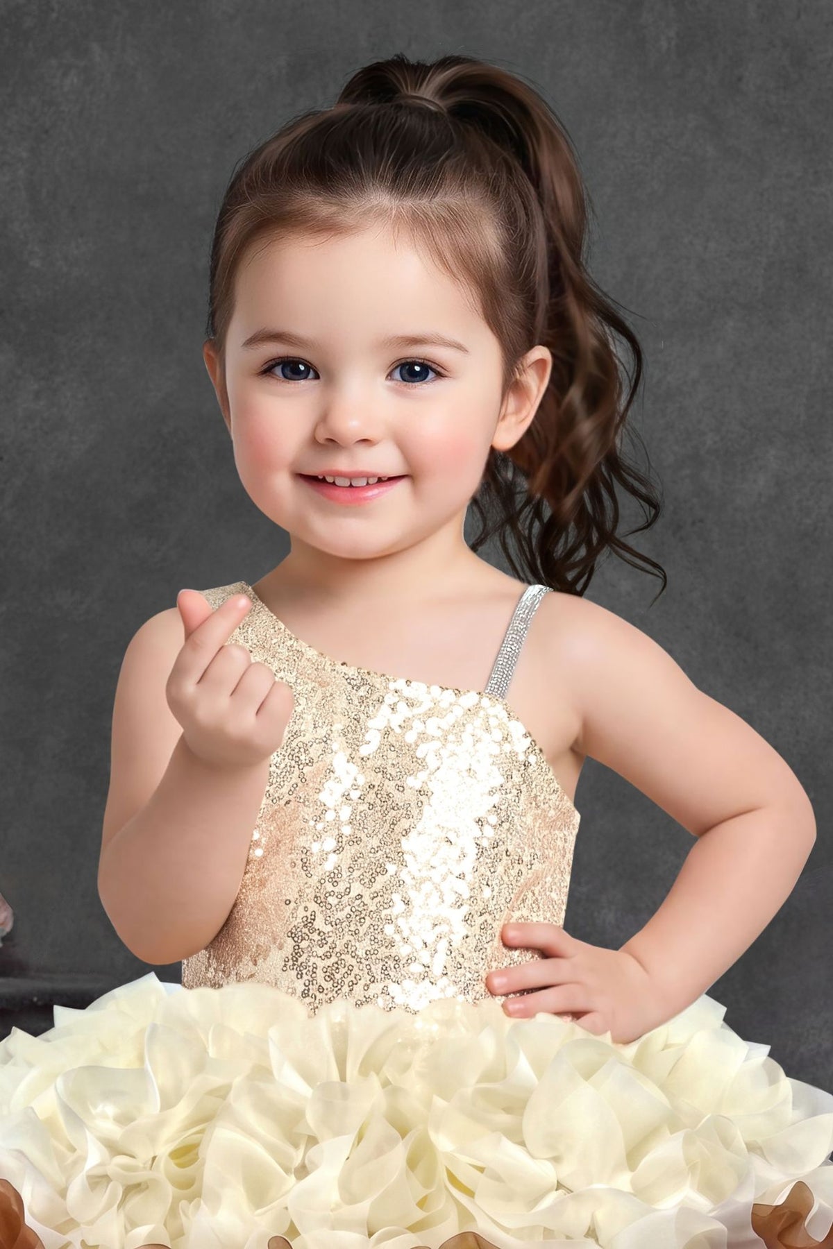 Girls Sequin Embellished Ivory & Brown Ruffle Party Dress