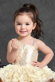 Girls Sequin Embellished Ivory & Brown Ruffle Party Dress