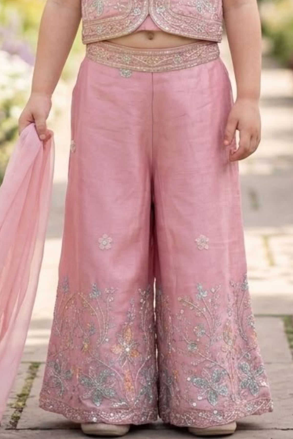 Girls Dusty Pink Floral Embroidered Top And  Palazzo Set With Dupatta