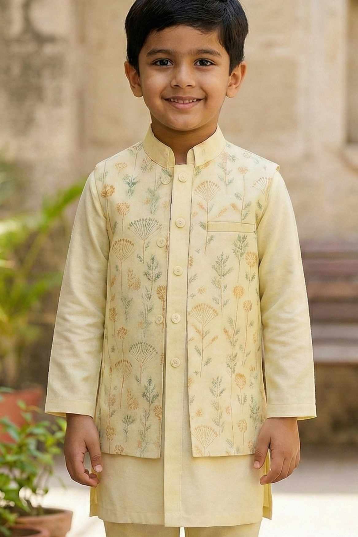 Cream Kurta Set with Pastel Embroidered Nehru Jacket For Boys