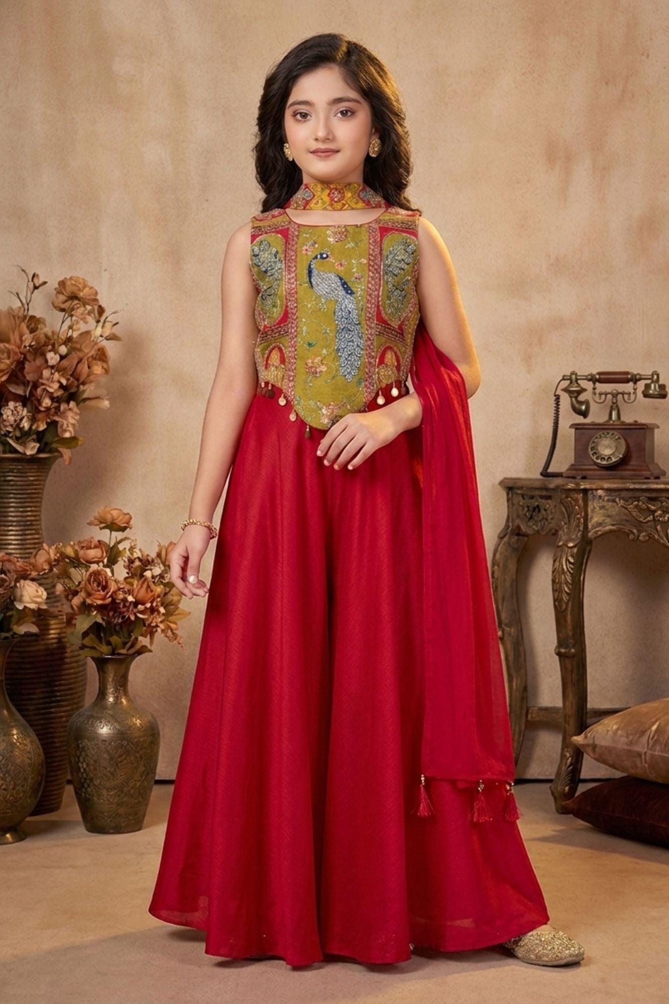 Red Embroidered Palazzo Set With Peacock Motif For Girls