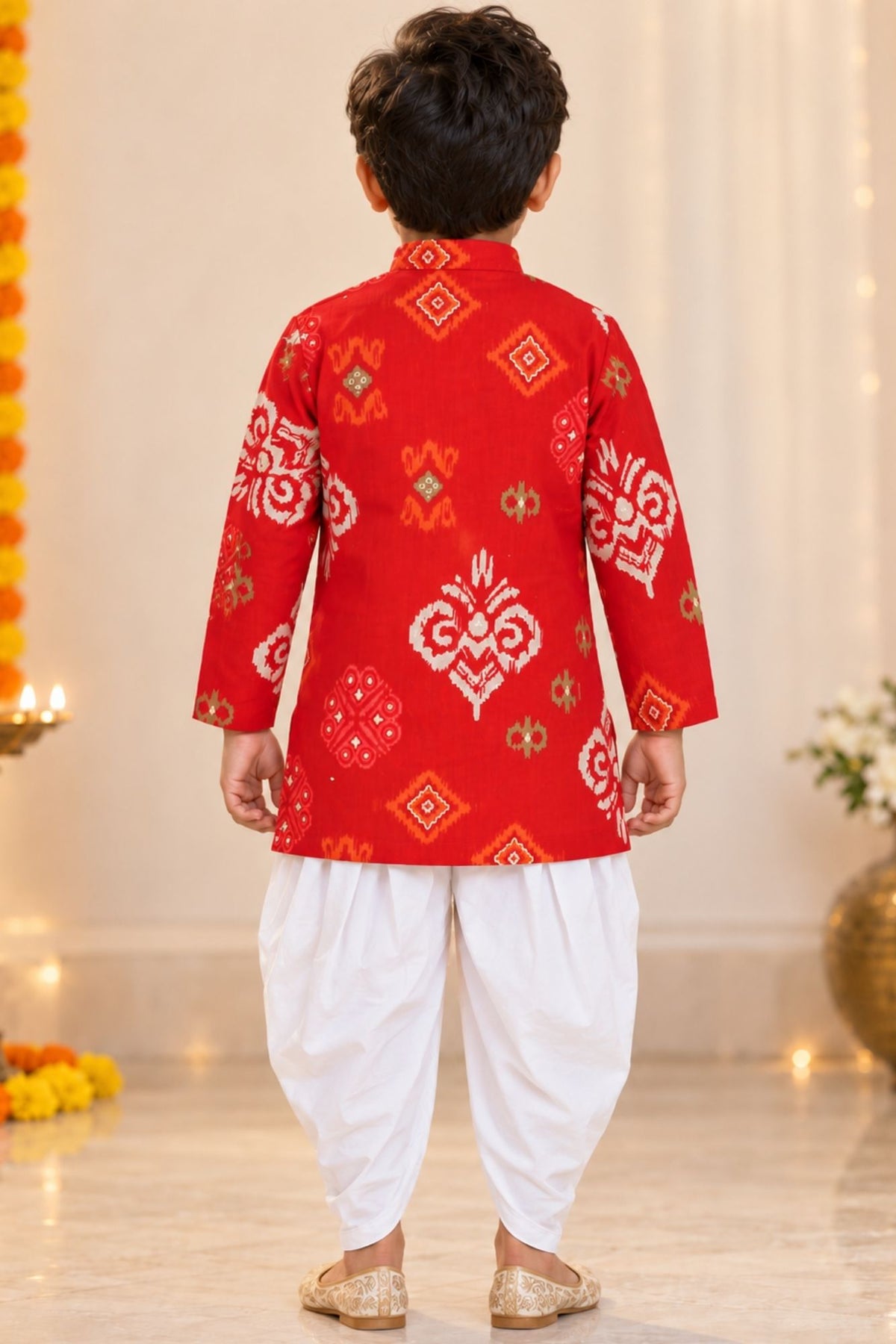 Boys Red Printed Kurta Dhoti Pant Set