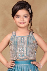 Girls Teal Blue Silver Embroidered Lehenga Choli Set With Dupatta