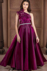 Wine Organza Partywear Gown With Stone Waist Band For Girls