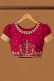 Rani Pink & Ivory Embroidered Pattu Pavadai with Puff Sleeves For Girls