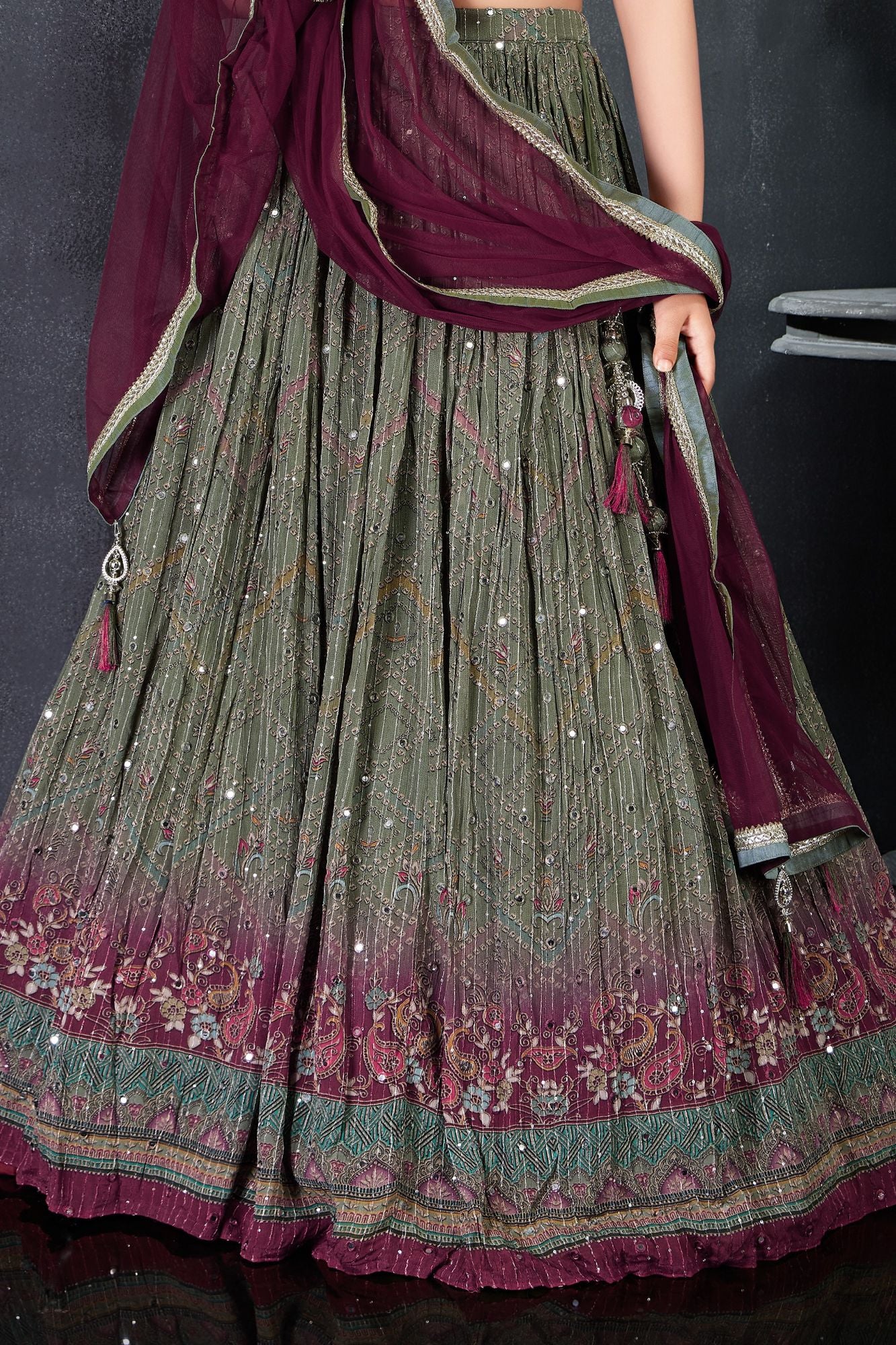 Green And Wine Lehenga Choli Set With Printed And Mirror Work For Girls