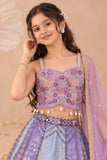 Girls Lavender And Purple Floral Mirror Work Embellished Lehenga Choli Set