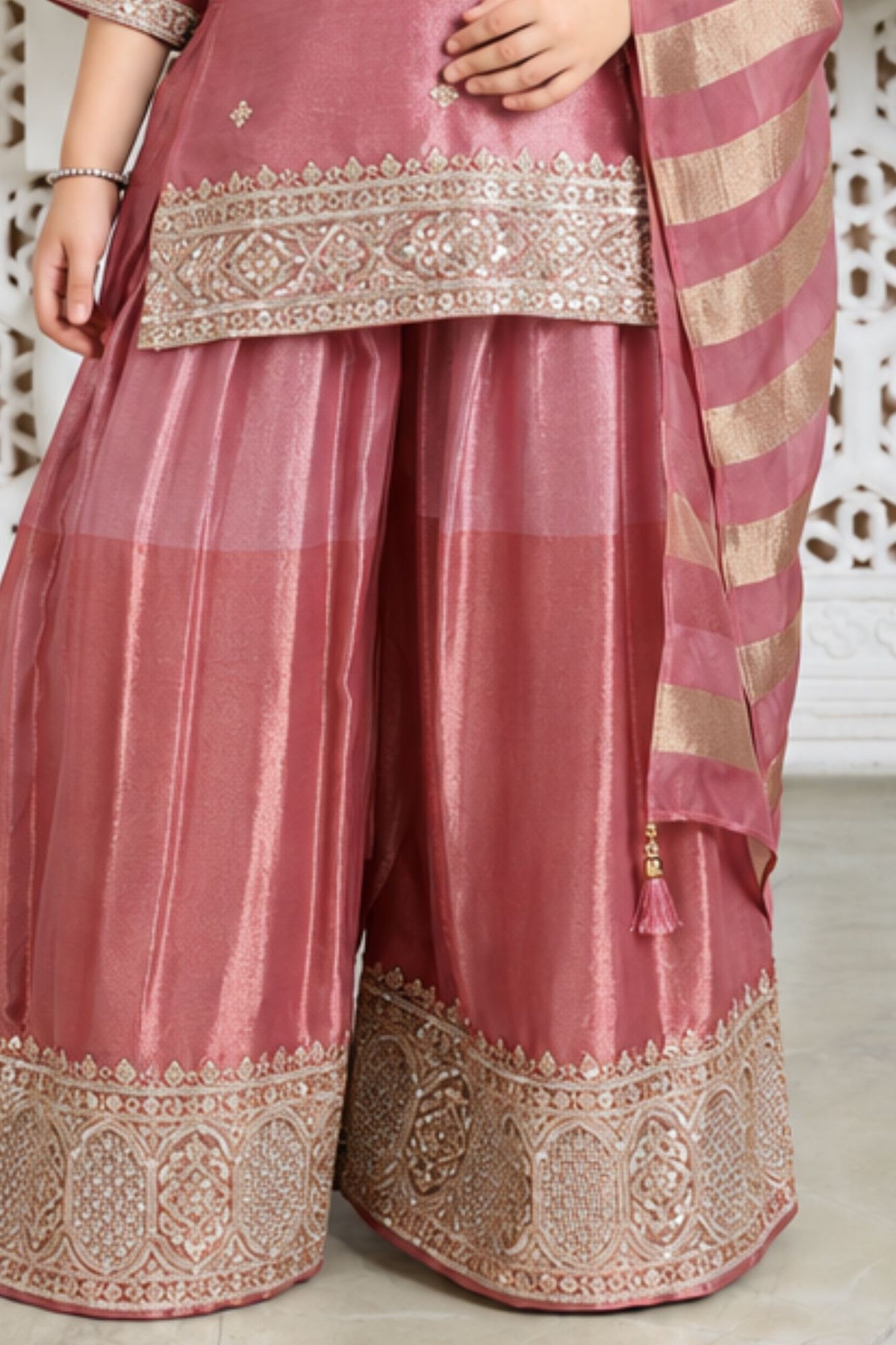 Girls Elegant Pink With Gold Embroidered Palazzo Set