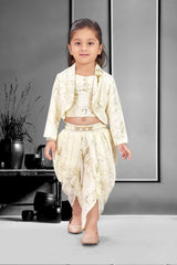 Stylish Cream Printed Dhoti Set With Over Coat For Girls