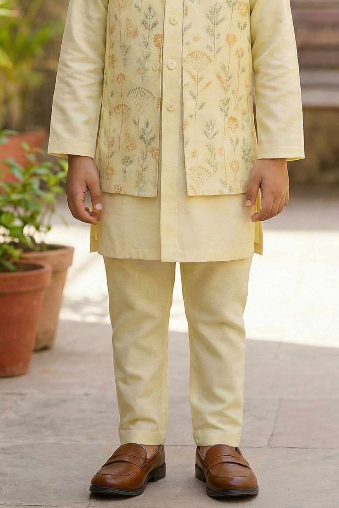 Cream Kurta Set with Pastel Embroidered Nehru Jacket For Boys
