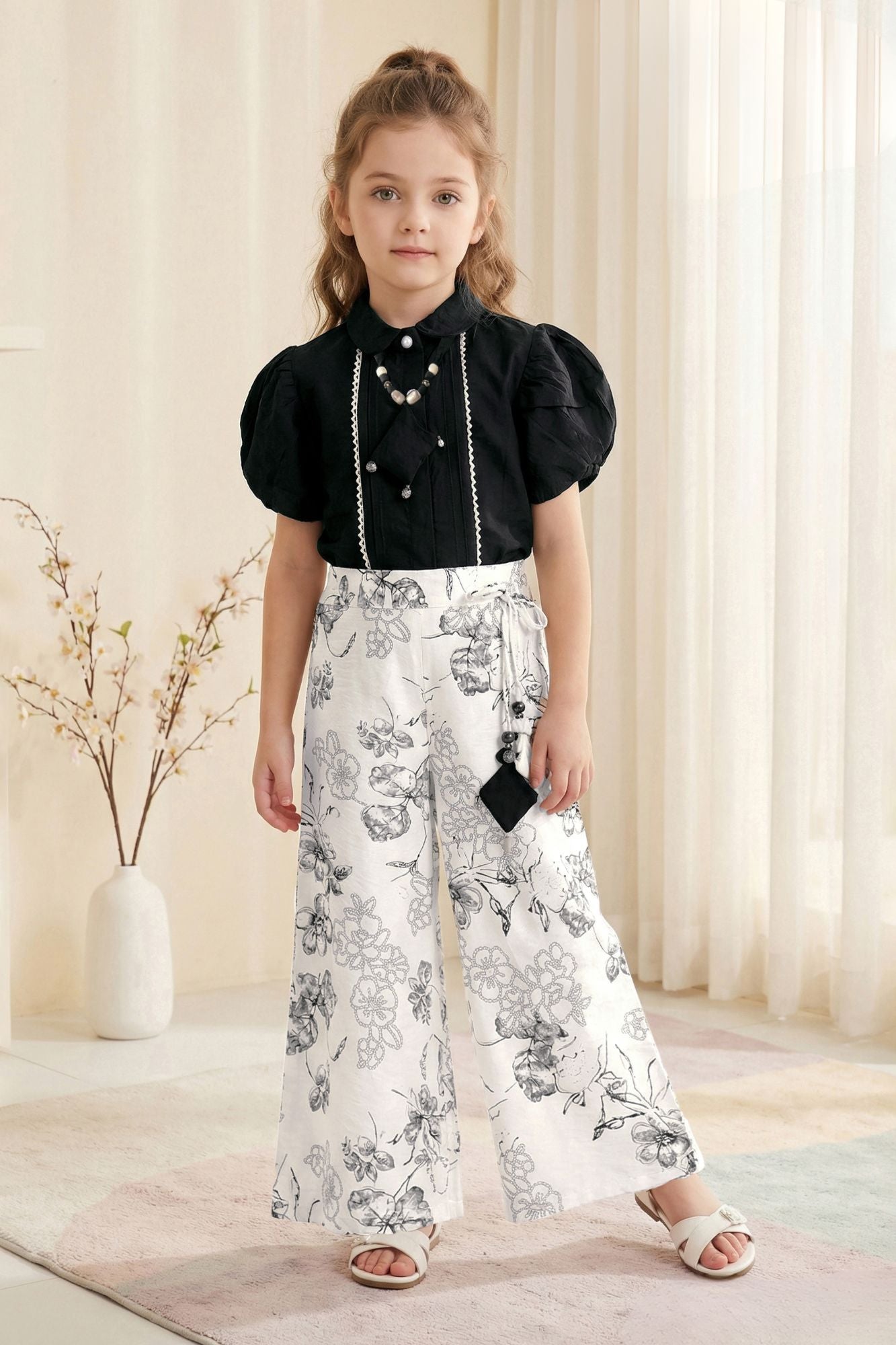 Girls Black Puff Sleeve Top with Printed Palazzo Pants