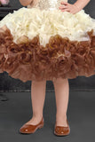 Girls Sequin Embellished Ivory & Brown Ruffle Party Dress
