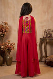 Red Embroidered Palazzo Set With Peacock Motif For Girls