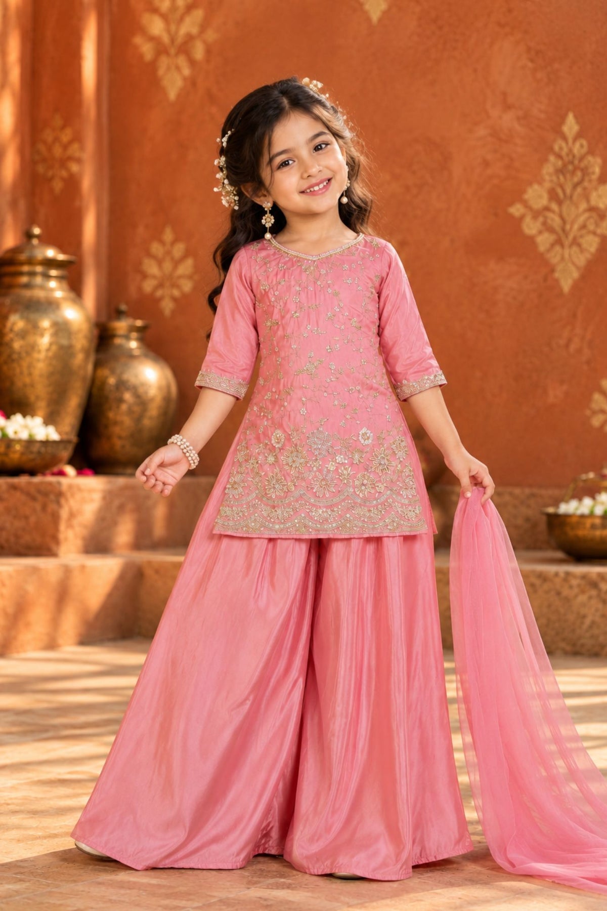 Dusty Rose Embroidered Palazzo Set with Dupatta For Girls