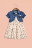 Girls Floral Printed Dress with Blue Denim Shrug