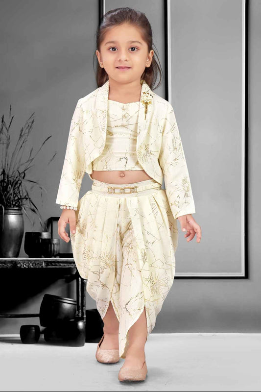 Stylish Cream Printed Dhoti Set With Over Coat For Girls