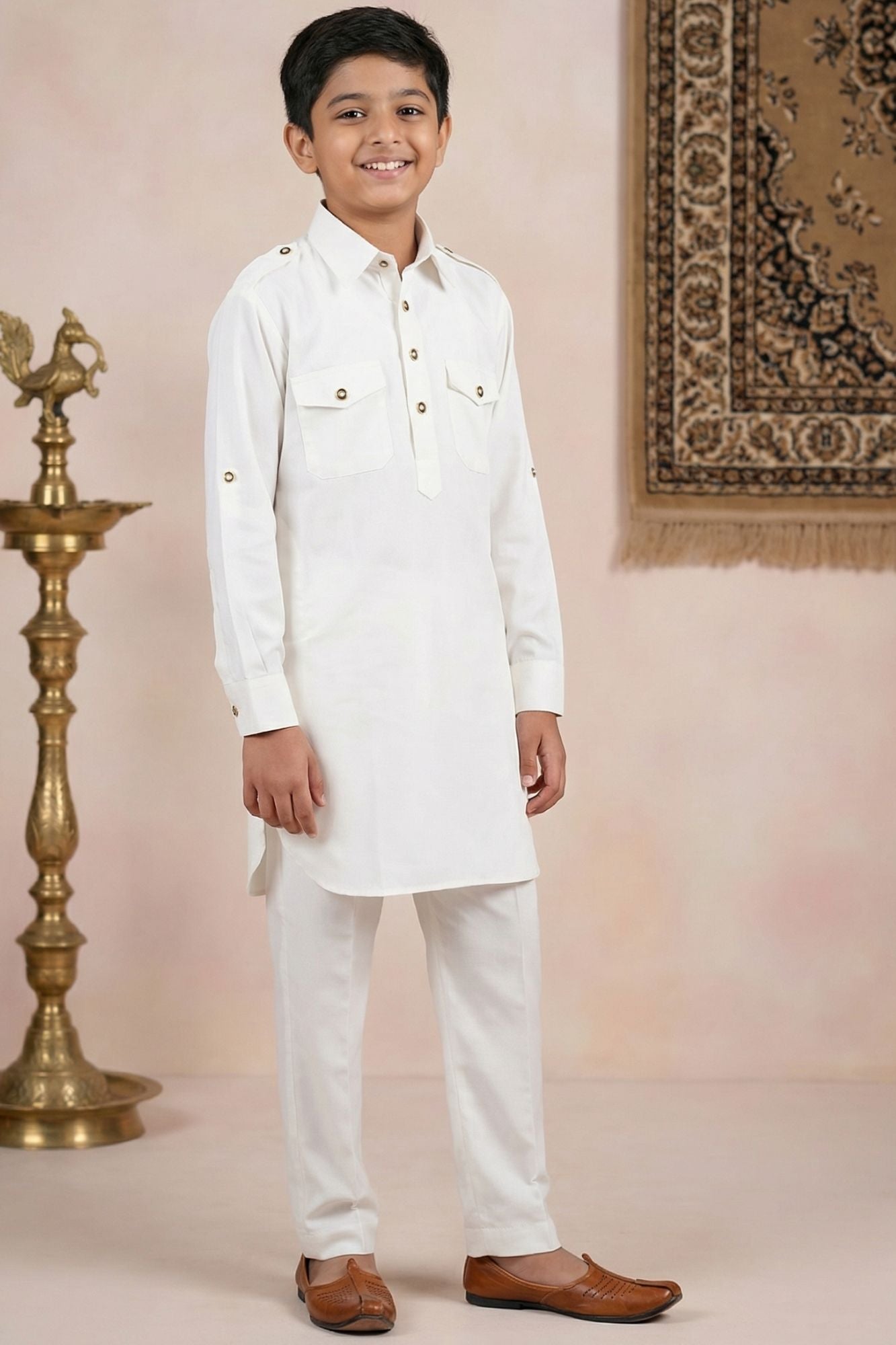 White Kurta Set  With Shirt Collar Design For Boys