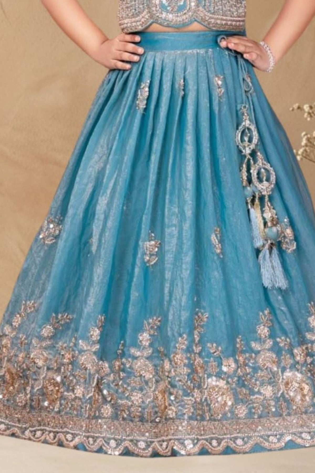 Girls Teal Blue Silver Embroidered Lehenga Choli Set With Dupatta