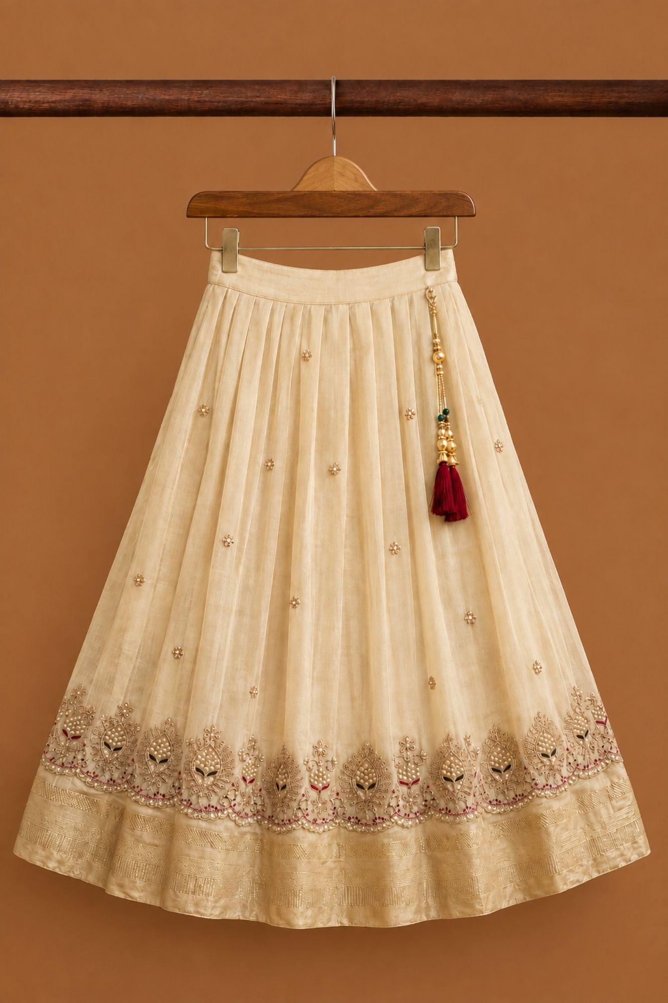 Rani Pink & Ivory Embroidered Pattu Pavadai with Puff Sleeves For Girls