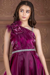 Wine Organza Partywear Gown With Stone Waist Band For Girls