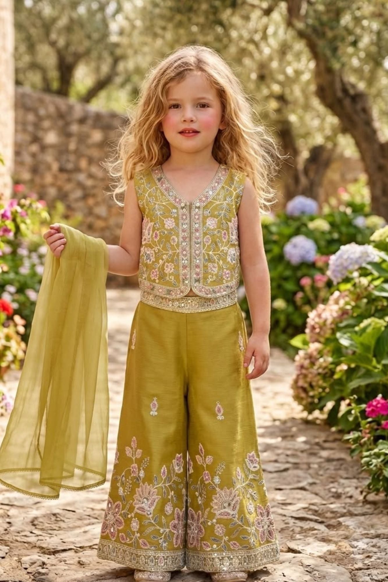Girls Mustard Green Embroidered Crop Top Palazzo Set With Dupatta