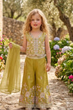 Girls Mustard Green Embroidered Crop Top Palazzo Set With Dupatta