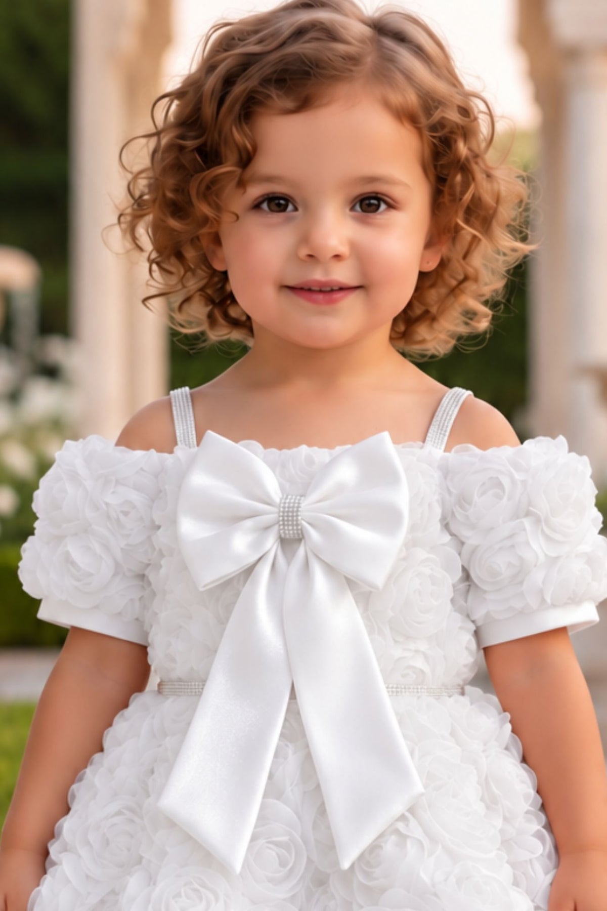 Girls White 3D Floral Net High-Low Party Frock With Statement Bow