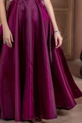 Wine Organza Partywear Gown With Stone Waist Band For Girls