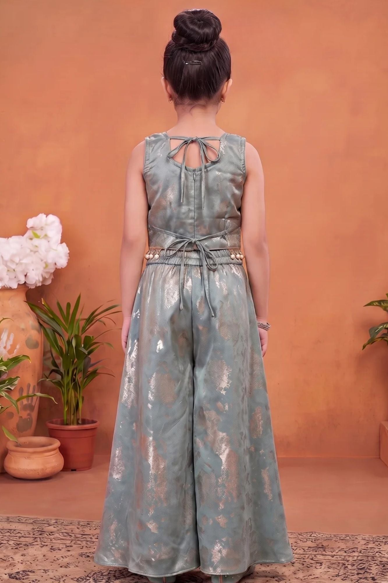 Girls Sage Green Embroidered Palazzo Set with Dupatta