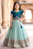 Teal Blue & Aqua Embroidered Pattu Pavadai with Puff Sleeves For Girls