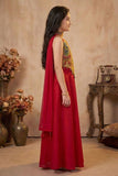 Red Embroidered Palazzo Set With Peacock Motif For Girls