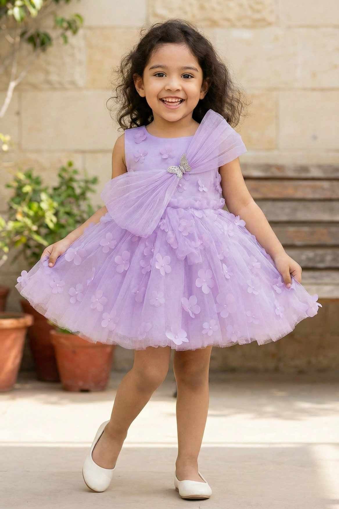 Lavender 3D Floral Embellishments Party Wear Frock For Girls