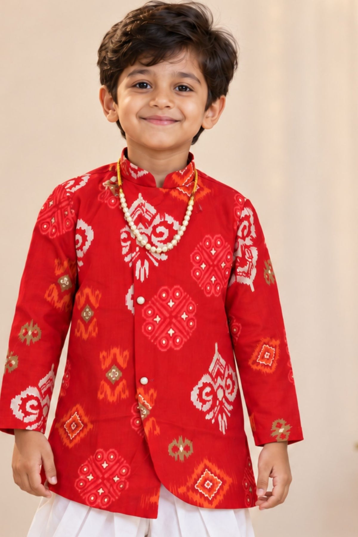 Boys Red Printed Kurta Dhoti Pant Set