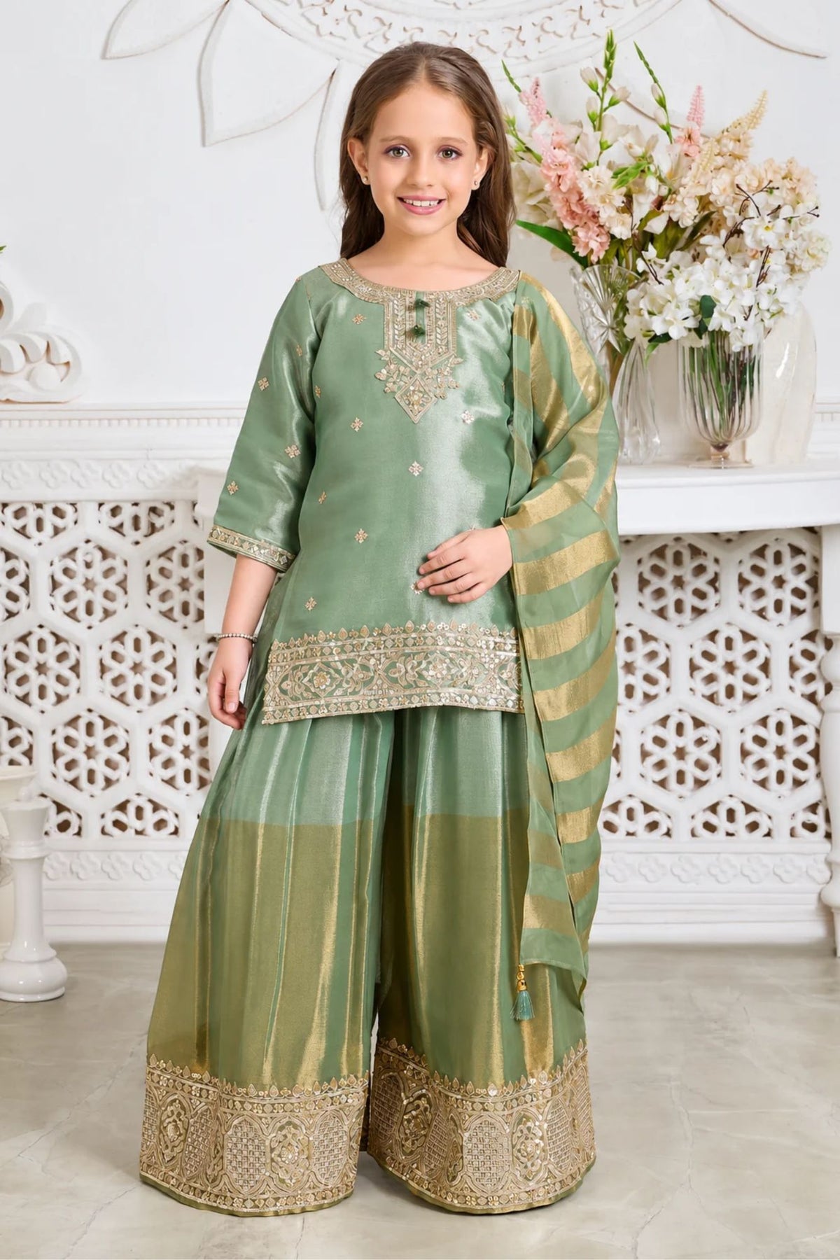 Girls Elegant Green With Gold Embroidered Palazzo Set