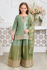 Girls Elegant Green With Gold Embroidered Palazzo Set