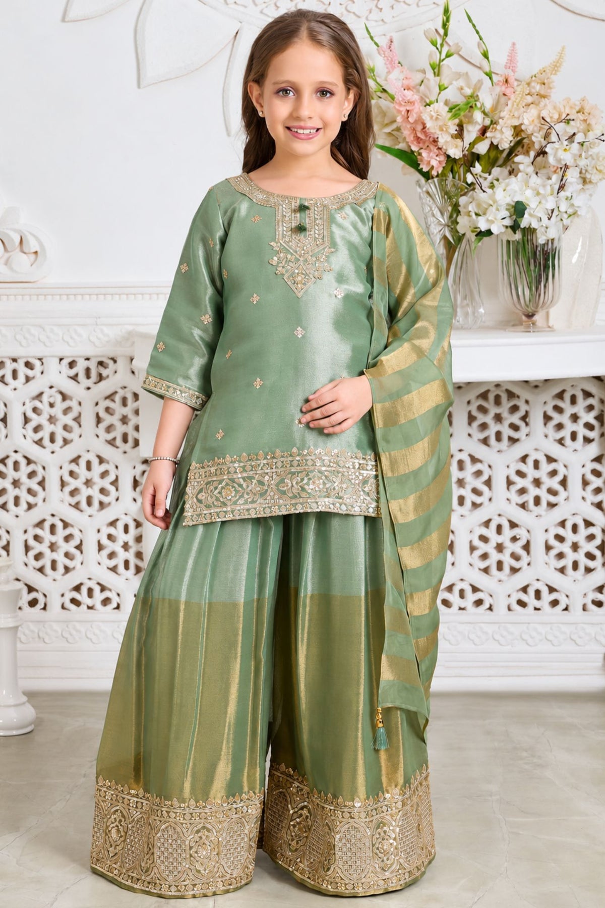 Girls Elegant Green With Gold Embroidered Palazzo Set