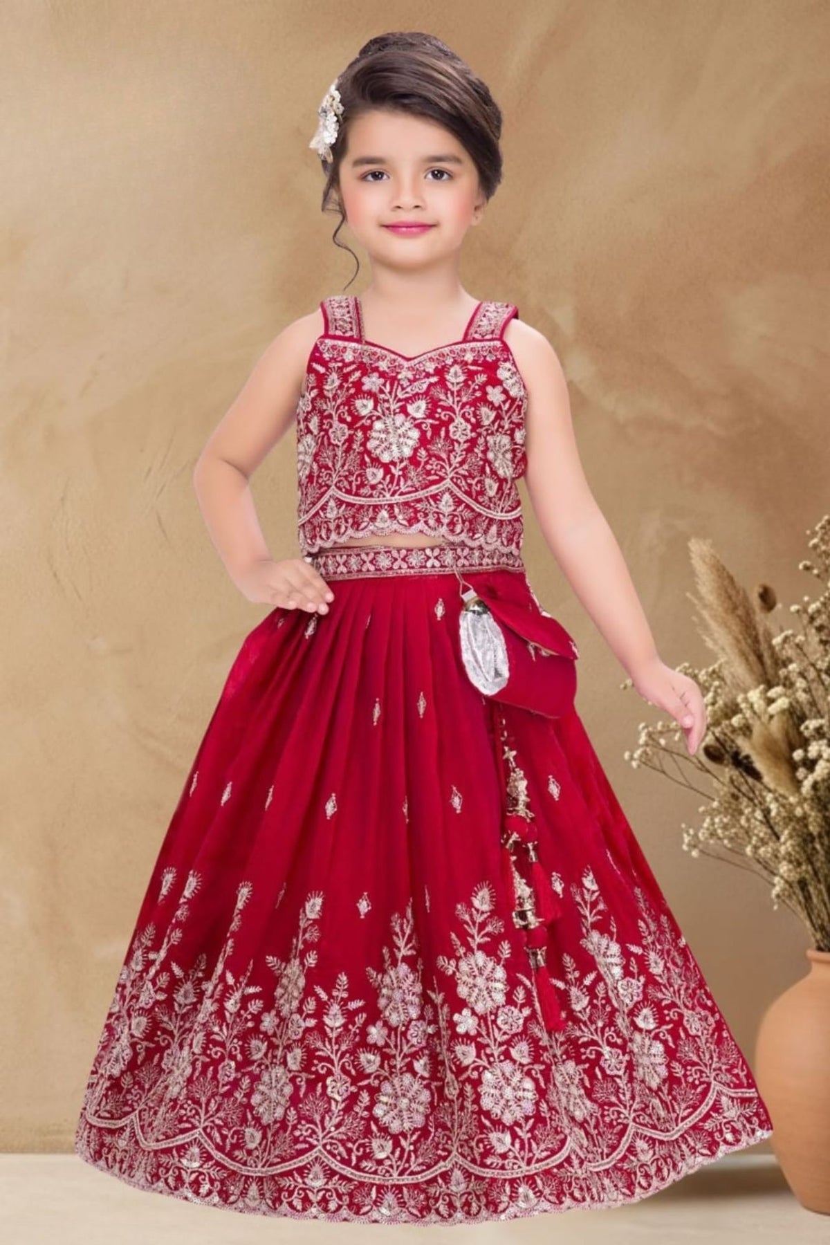 Girls Rani Pink Silver Embroidered Lehenga Choli Set With Dupatta
