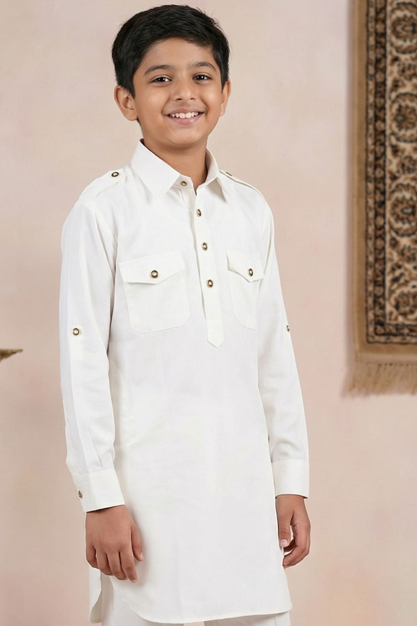 White Kurta Set  With Shirt Collar Design For Boys