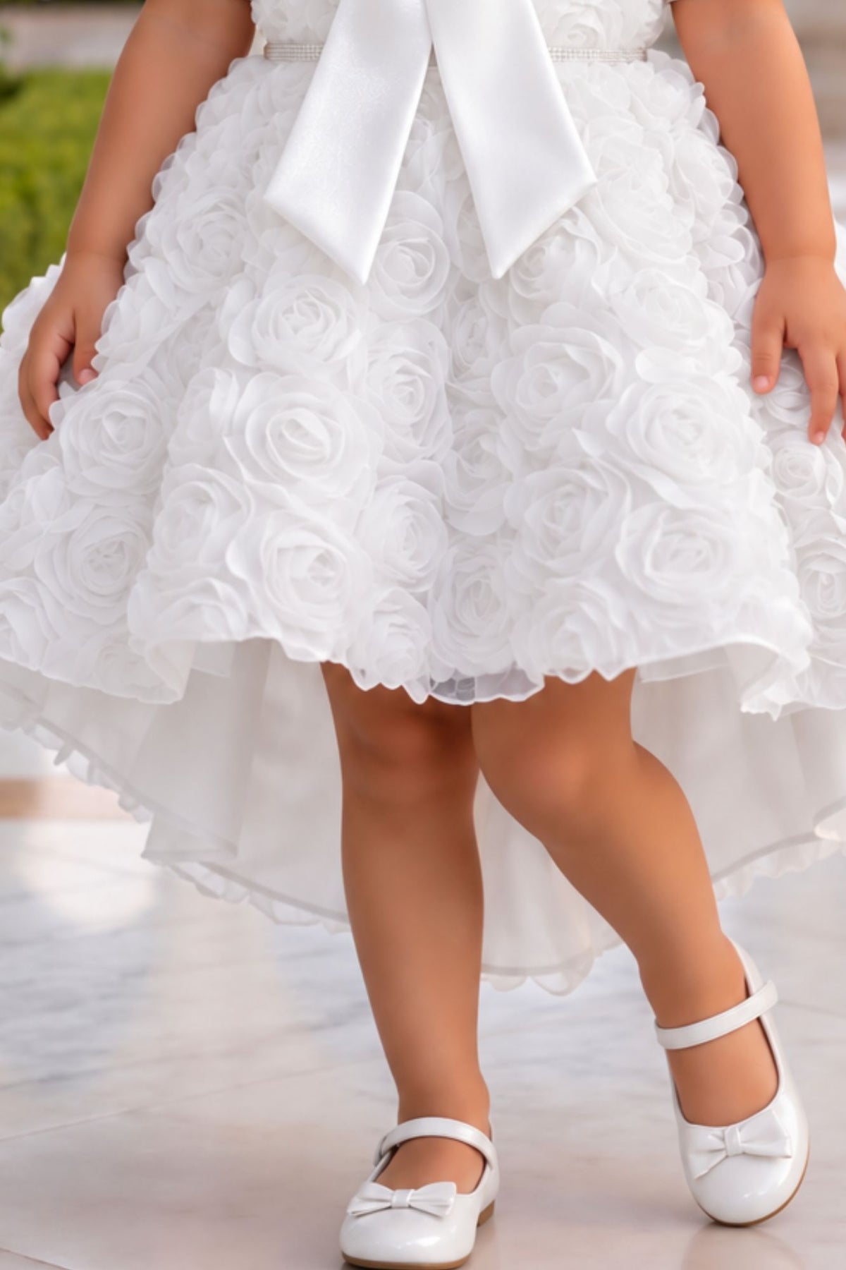 Girls White 3D Floral Net High-Low Party Frock With Statement Bow
