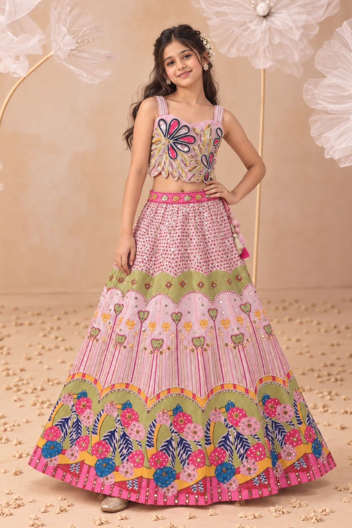 Baby Pink With Multicolor Floral Embellished Lehenga Choli Set