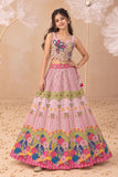 Baby Pink With Multicolor Floral Embellished Lehenga Choli Set
