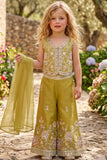 Girls Mustard Green Embroidered Crop Top Palazzo Set With Dupatta