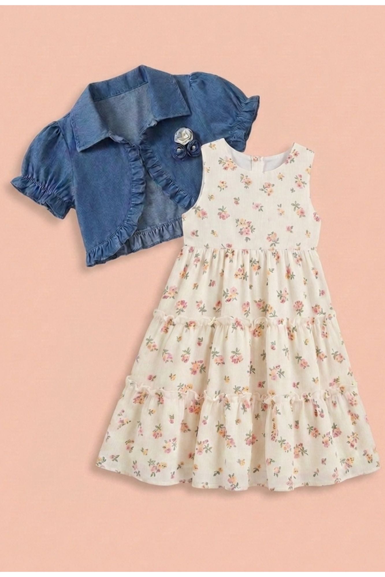 Girls Floral Printed Dress with Blue Denim Shrug
