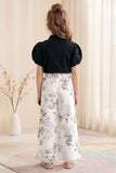 Girls Black Puff Sleeve Top with Printed Palazzo Pants