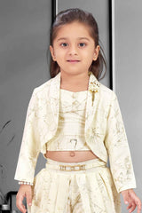 Stylish Cream Printed Dhoti Set With Over Coat For Girls